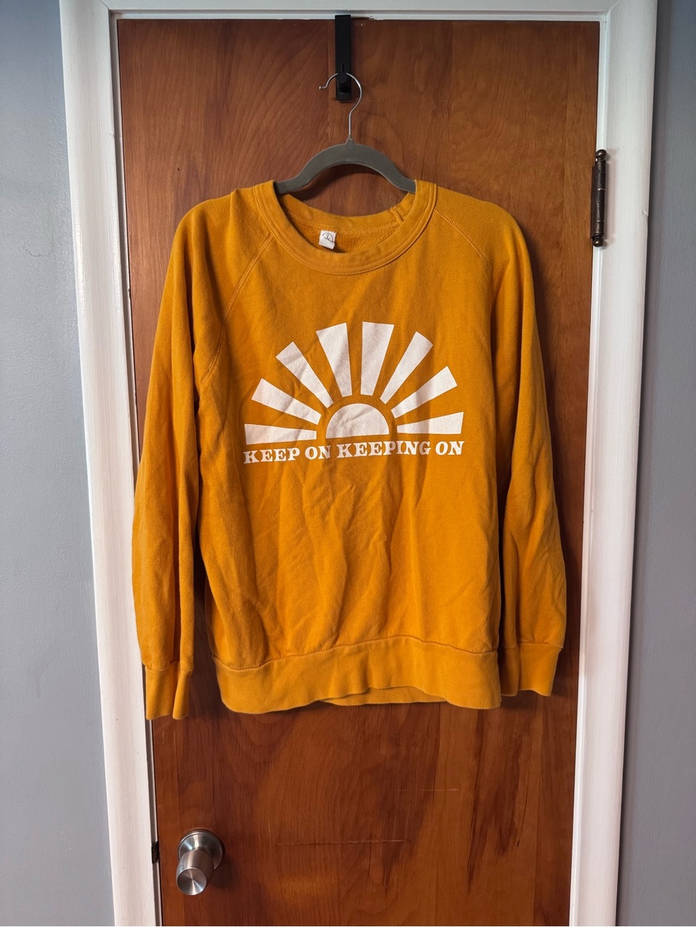 Mustard Crewneck Sweater with White Sunrise Graphic